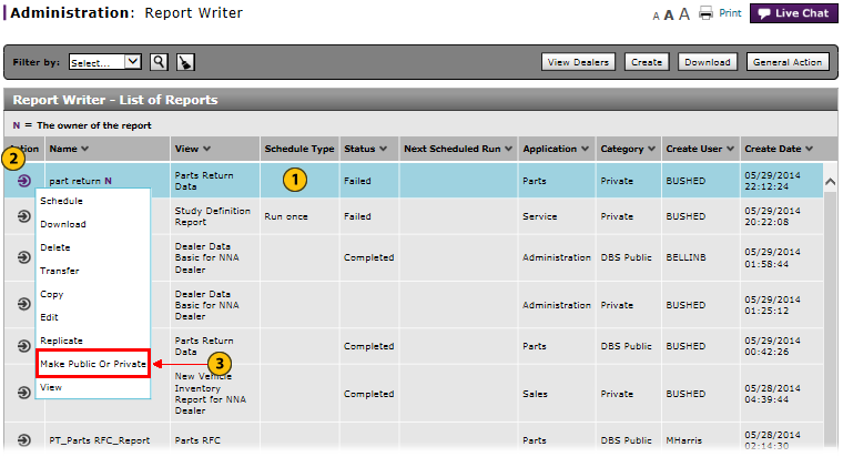 Report Writer page with Make Public option highlighted